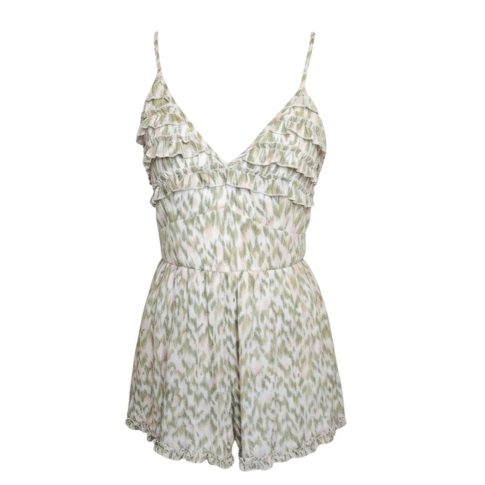 Mi Ami Ruffle Romper – Green & Pink Abstract Print | Tiered Bodice